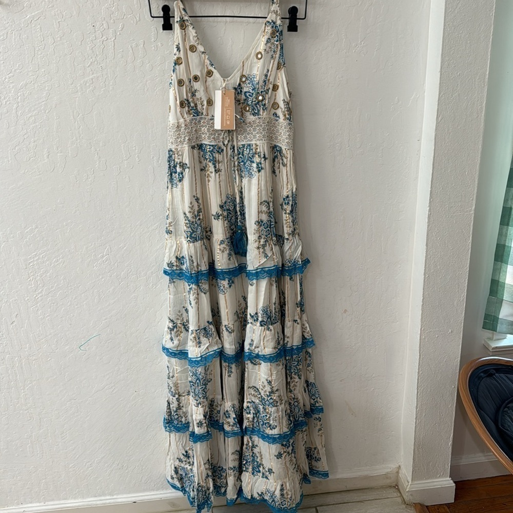 ANANTA S/M Blue Gold Metallic Lace Trim Boho Maxi Dress Made in India 25120 - Picture 9 of 11